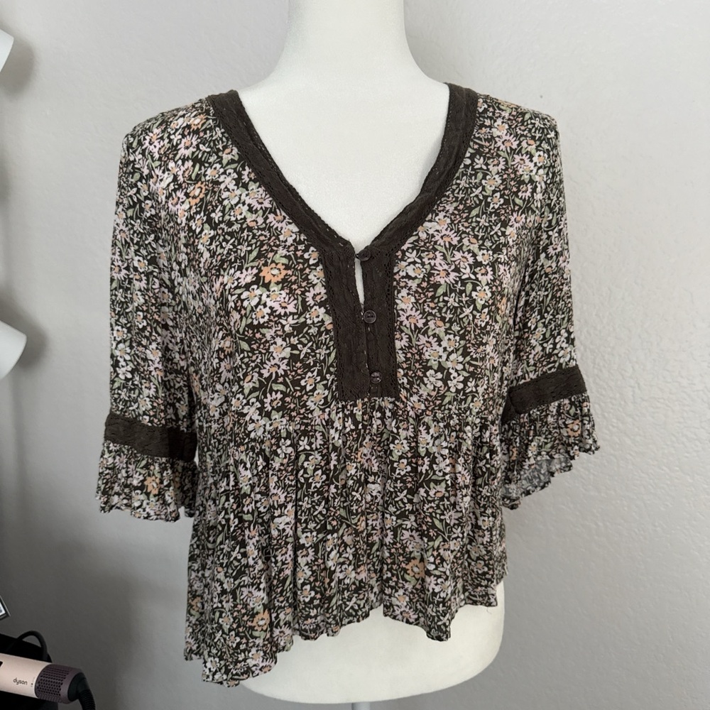 Lucky Brand Floral Button-Front Blouse - Brown and Cream